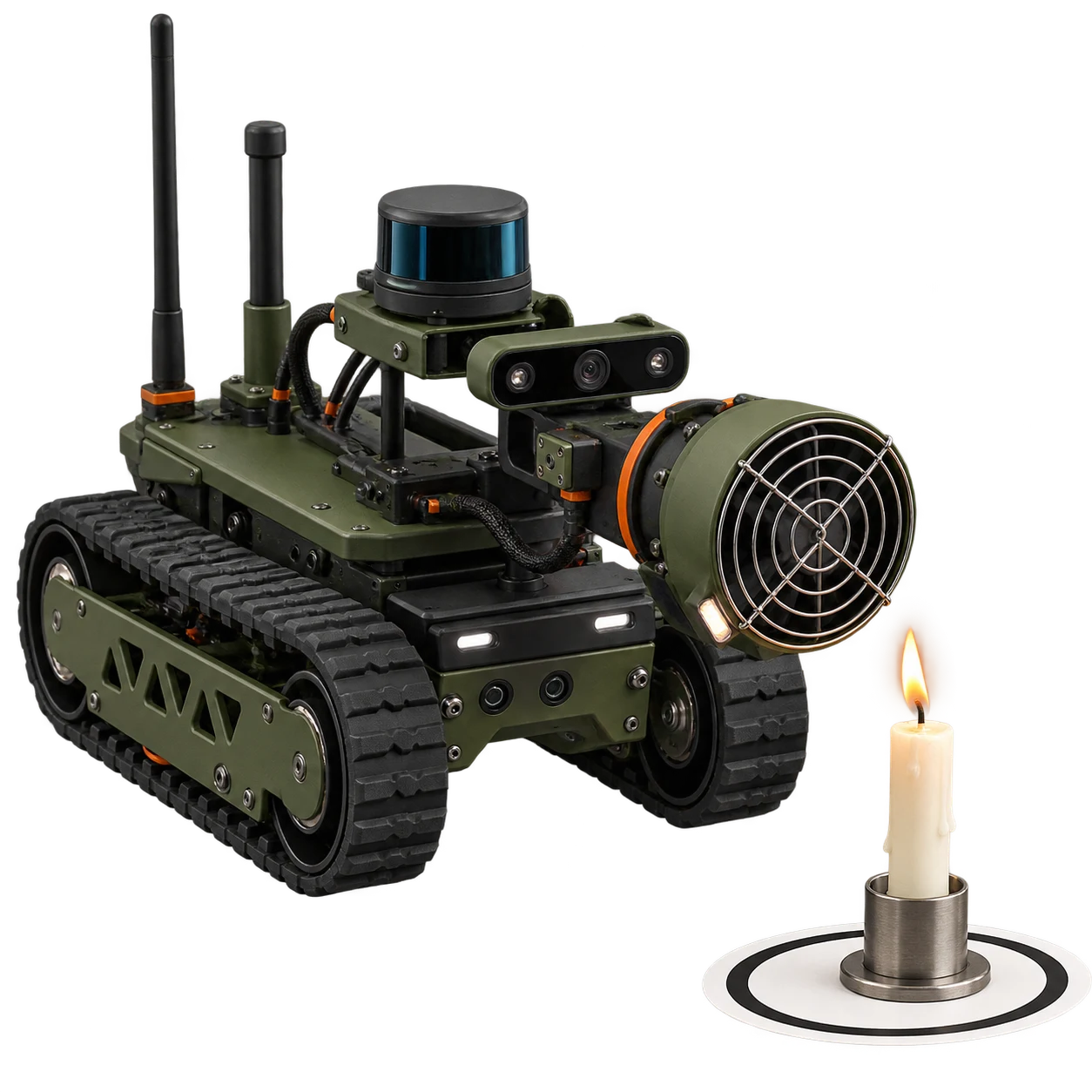Autonomní pásový robot vybavený pro vyhledávání a hašení svíček